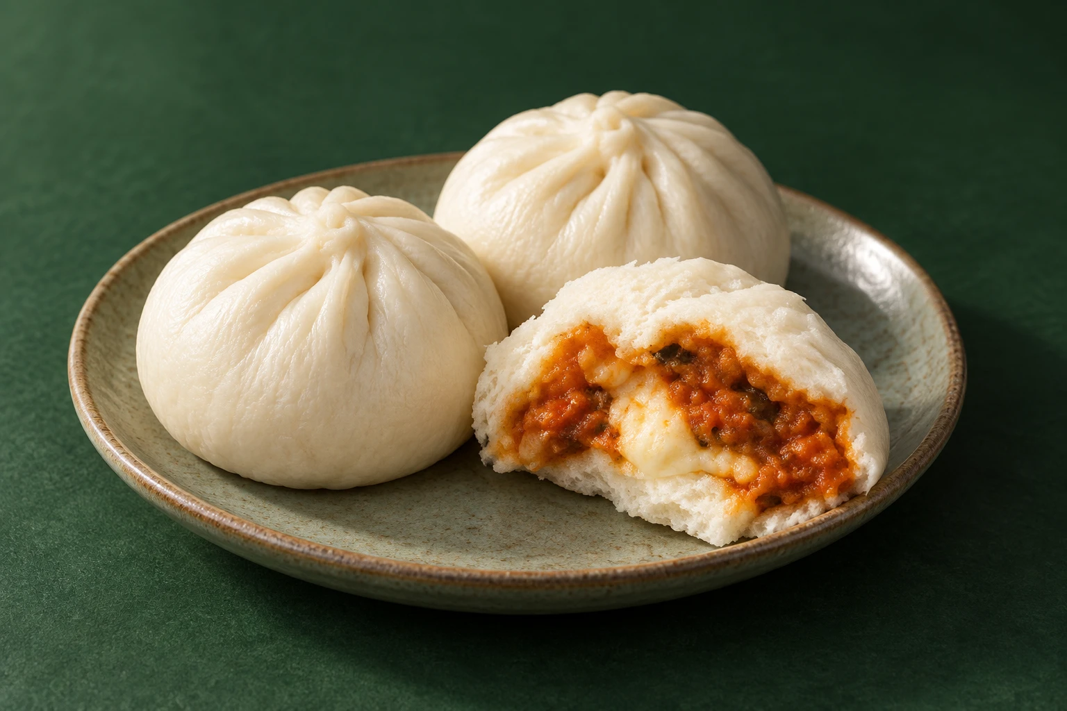 Bao Ciao closed steamed buns, with one opened to reveal a Parmigiana filling