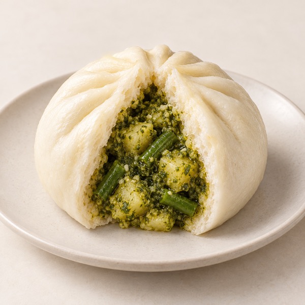 Pesto bao opened to reveal its Italian filling — AI illustration