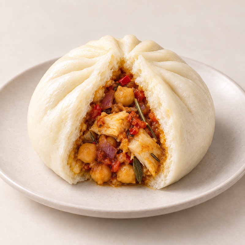 Baccalà & ceci bao opened to reveal its Italian filling — AI-enhanced presentation based on the original product photo