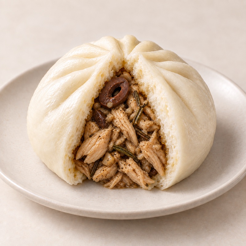 Cacciatora bao opened to reveal its Italian filling — AI-enhanced presentation based on the original product photo
