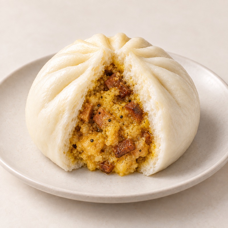 Carbonara bao opened to reveal its Italian filling — AI-enhanced presentation based on the original product photo