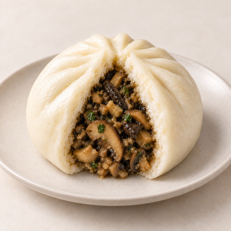 Funghi & tartufo bao opened to reveal its Italian filling — AI-enhanced presentation based on the original product photo