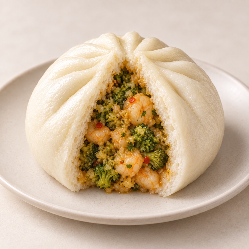 Gamberi & broccoli bao opened to reveal its Italian filling — AI-enhanced presentation based on the original product photo