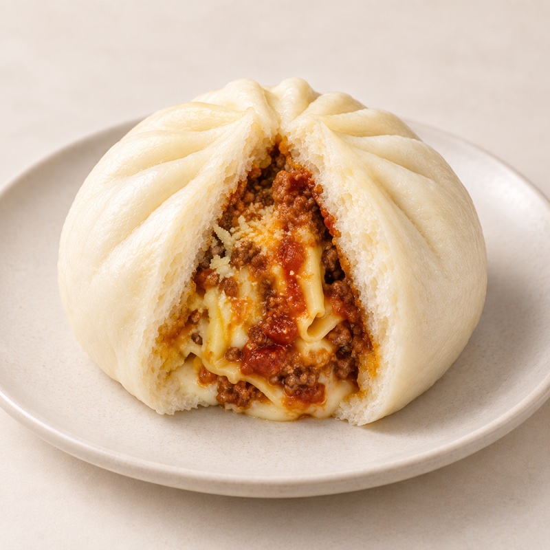 Lasagna bao opened to reveal its Italian filling — AI-enhanced presentation based on the original product photo