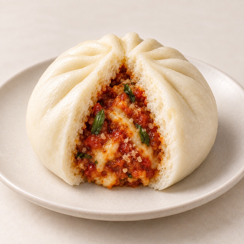 Parmigiana bao opened to reveal its Italian filling — AI-enhanced presentation based on the original product photo