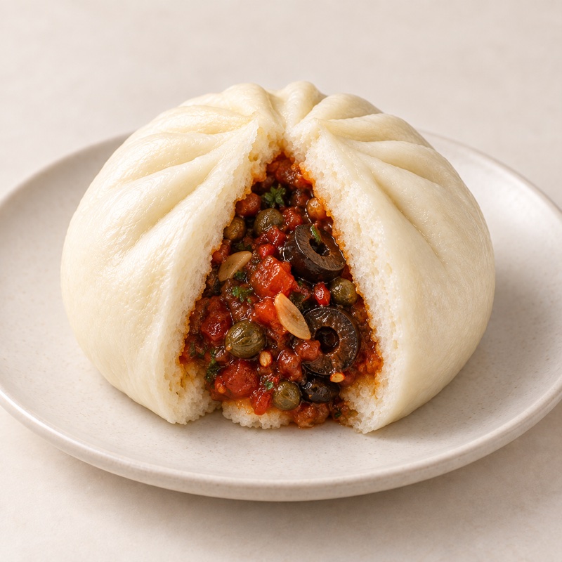Puttanesca bao opened to reveal its Italian filling — AI-enhanced presentation based on the original product photo