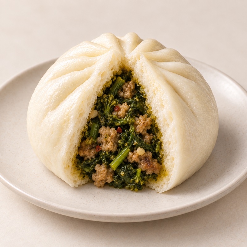 Salsiccia & friarielli bao opened to reveal its Italian filling — AI-enhanced presentation based on the original product photo